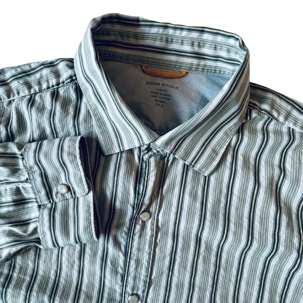 Banana Republic Mens XL Green Striped Pearl Snap Slim Fit Long Sleeve Shirt